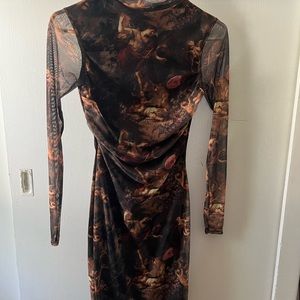 Shape Renaissance Print High Neck Mesh Bodycon Dress